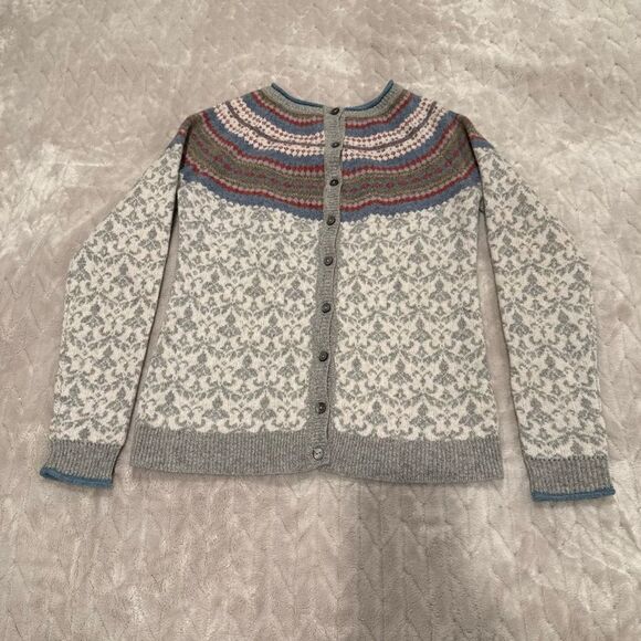 Susan Bristol Grey Blue Burgundy Fair isle Extra Fine Merino Wool Cardigan Sz S - Picture 1 of 9